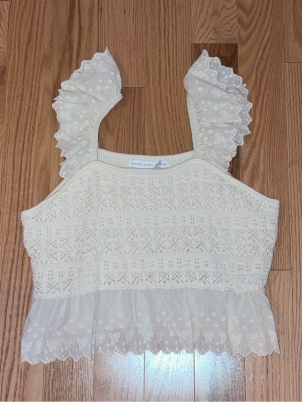 Altar'd State Cream Eyelet Lace Ruffle Strap Camisole